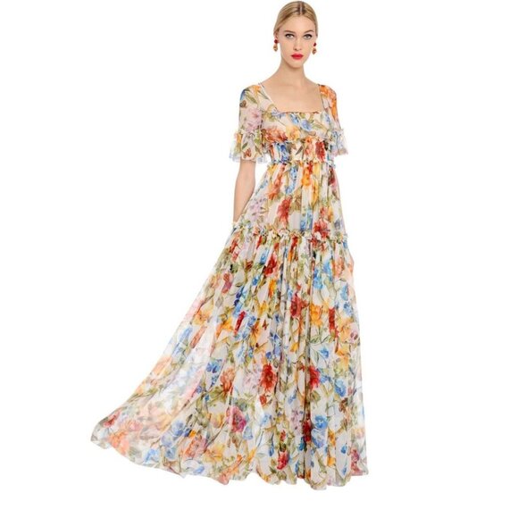 DOLCE & GABBANA Bamboo Floral Printed Silk Chiffon Dress Multicolor Size 38 - Picture 1 of 6
